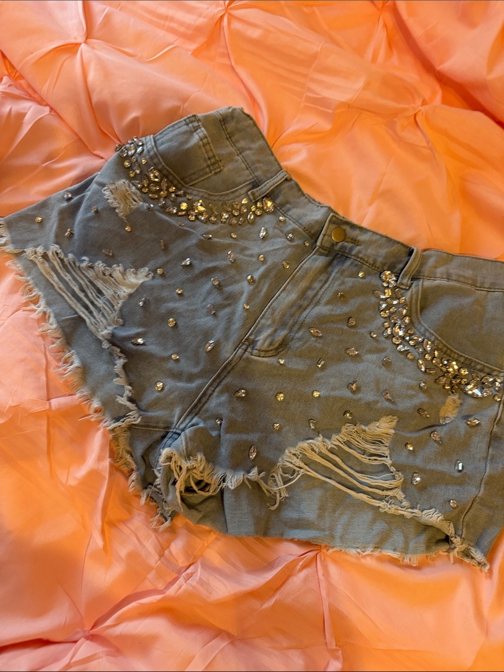 SHEIN Gray Distressed Rhinestone Denim Shorts